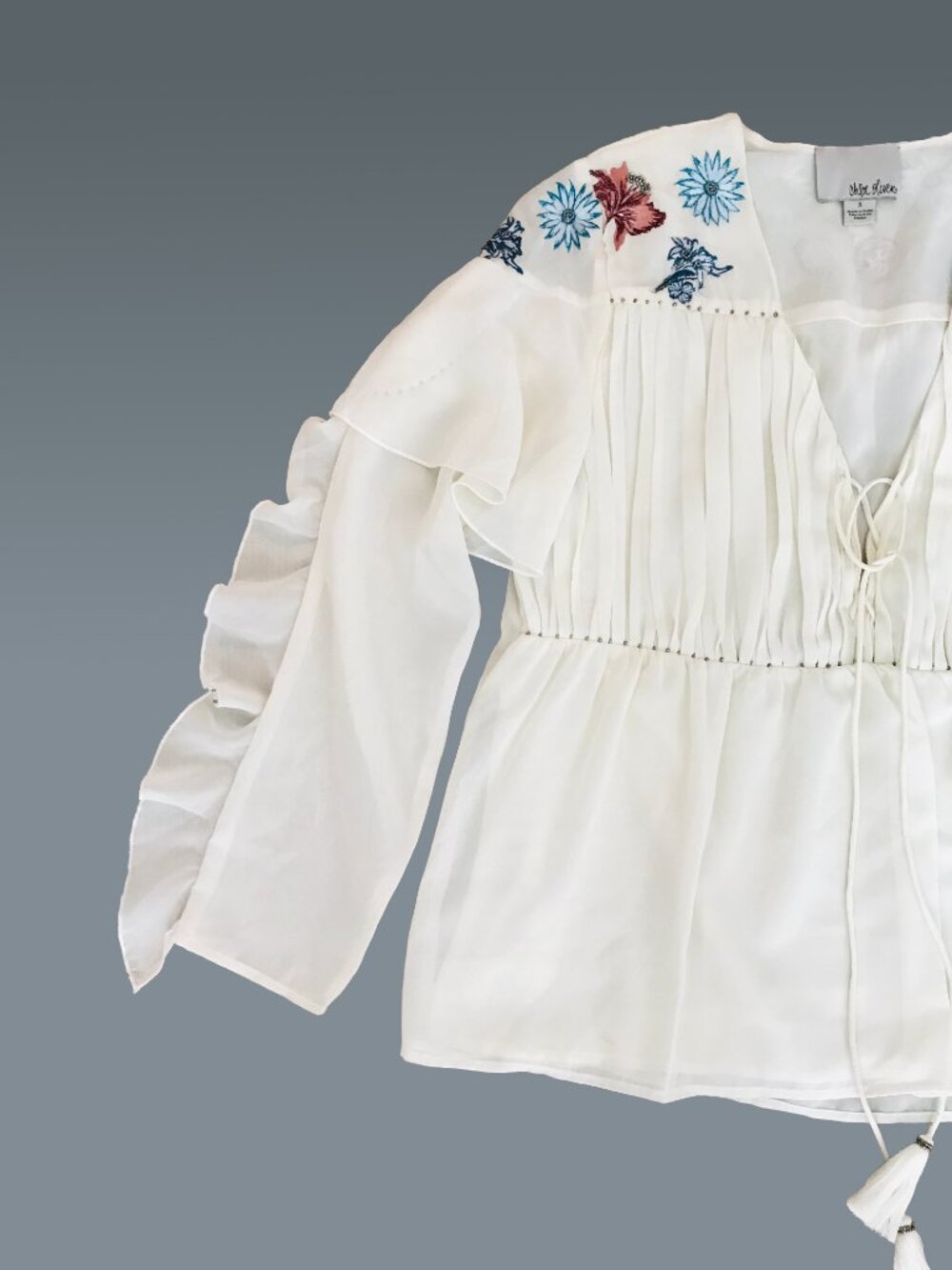 Chloe Oliver Smock Top | Embroidered | Tassel Ties | Ruffle Sleeve | Laced-Up Sm